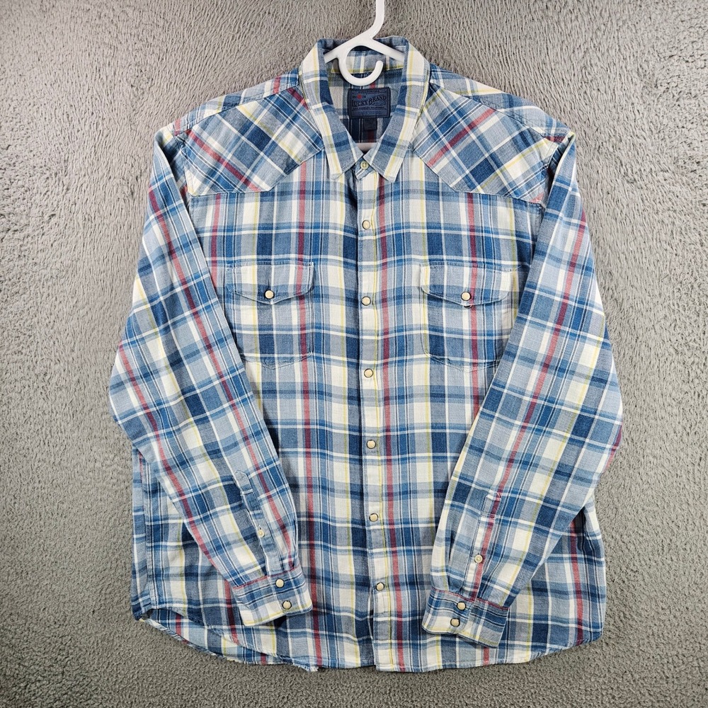 Lucky Brand‎ Mens XXL True Indigo Plaid Pearl Snap Western Shirt Blue White Red